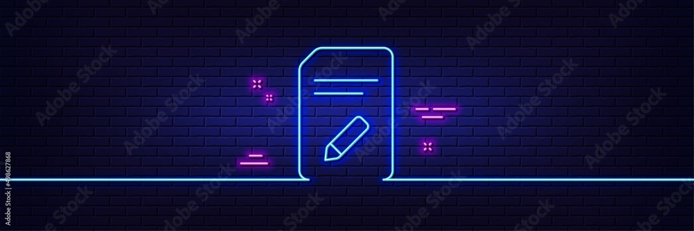 Poster neon light glow effect. edit document line icon. information file sign. paper page with pencil conce