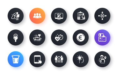 Minimal set of Cardio training, Euro money and Card flat icons for web development. Search employee, Tablet pc, Ice cream icons. Partnership, Inclusion, Honeymoon travel web elements. Vector