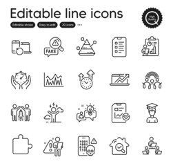 Set of Education outline icons. Contains icons as Checklist, Report checklist and Inspect elements. Cyber attack, Idea, Puzzle web signs. Student, Partnership, Teamwork elements. Vector
