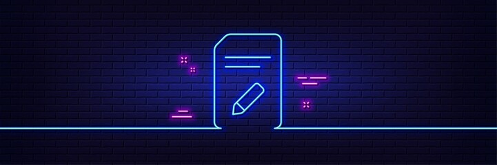 Neon light glow effect. Edit Document line icon. Information File sign. Paper page with pencil concept symbol. 3d line neon glow icon. Brick wall banner. Edit document outline. Vector