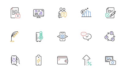 Battery charging, Euro rate and Download app line icons for website, printing. Collection of Photo camera, Lock, Refrigerator icons. Approved, Teamwork, Dating chat web elements. Vector