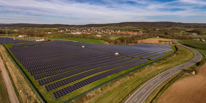 Solar Park Seßlach, Upper Franconia, Bavaria, Germany with town of Seßlach in the background