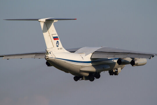 Russia Air Force military transport aircraft Iljushin IL-76 departing for a flight to Moscow