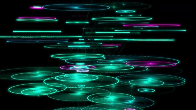 Seamless looping random circles appear no black, slowly fall and evolve, then dissolve