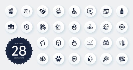 Set of Healthcare icons, such as Coronavirus vaccine, Medical chat and Dumbbells flat icons. Uv protection, Healthy face, Leaf dew web elements. Electronic thermometer, Slow fashion. Vector