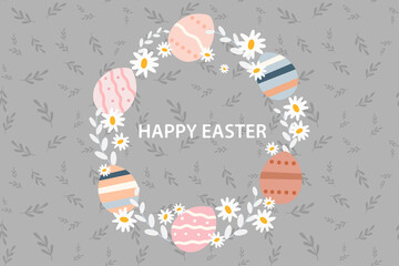 Happy Easter Vector Card. Cute Egg and flower frame with seamless pattern. Easter Illustration for card, greeting, banner, template.