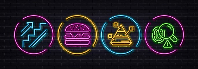Burger, Stairs and Pyramid chart minimal line icons. Neon laser 3d lights. Fingerprint icons. For web, application, printing. Hamburger food, Stairway, Report analysis. Biometric scan. Vector