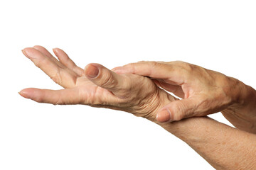 Hands of senior woman on white background, close up
