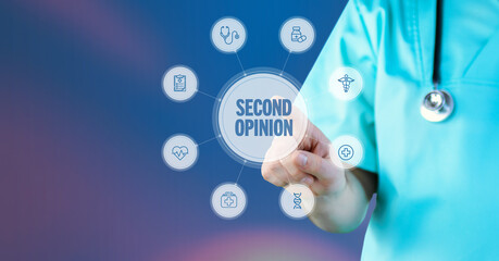 Second opinion in health. Doctor points to digital medical interface. Text surrounded by icons, arranged in a circle.