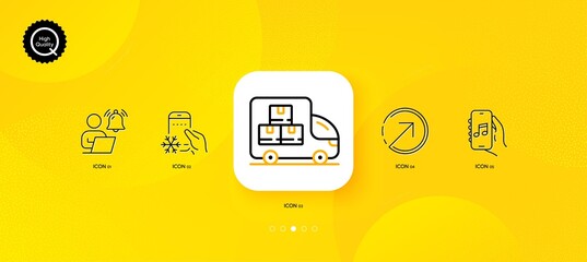 Fototapeta na wymiar Refrigerator app, Music app and User notification minimal line icons. Yellow abstract background. Direction, Delivery truck icons. For web, application, printing. Vector