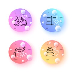 Spa stones, Approved documentation and Lightweight minimal line icons. 3d spheres or balls buttons. Marriage rings icons. For web, application, printing. Bath, Instruction book, Feather nib. Vector