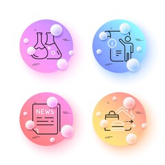 Fake news, Chemistry lab and Manual doc minimal line icons. 3d spheres or balls buttons. Food delivery icons. For web, application, printing. Wrong information, Laboratory, Project info. Vector