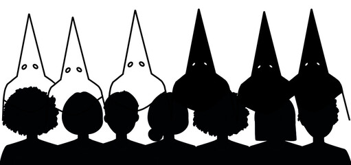 Vector horizontal, nazarenos vestidos con capirote y túnica en procesión con siluetas de personas como espectadores. Folclore y religión en España, Semana Santa en Sevilla, Andalucía. 