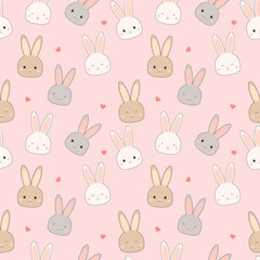 Cute rabbit bunny cartoon doodle card and seamless pattern