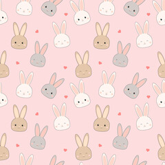 Cute rabbit bunny cartoon doodle card and seamless pattern