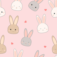 Cute rabbit bunny cartoon doodle card and seamless pattern