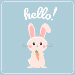Cute rabbit bunny with carrot and text hello card