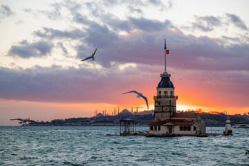 Fototapeta premium sunset over the bosphorus strait , Maiden's Tower