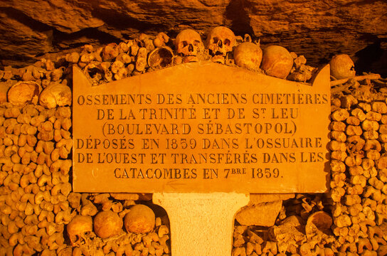 The Catacombs of Paris underground ossuaries, which hold the remains of more than six million people. Details of skulls and bones. France
