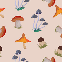 Naklejka premium Cartoon seamless pattern with mushrooms