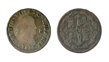 Spanish Coins - 8 Maravedis, Ferdinand VII. Minted in bronze in 1828