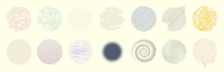 Universal round abstract shapes and patterns. Geometric shapes in drawn doodle style. Modern elements artistic box - Monochrome circle, topographic, line, modern patterns for poster, banners. Vector