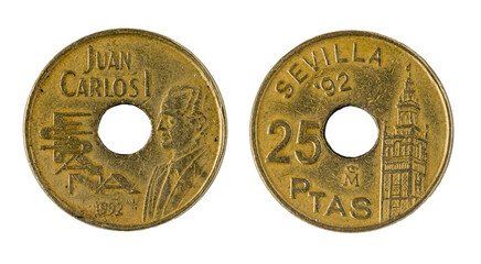 Spanish coins - 25 pesetas. Juan Carlos I. Seville 1992