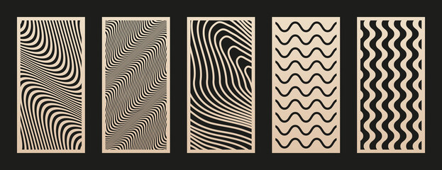 Laser cut patterns set. Vector design with abstract geometric ornament, waves, curved lines, stripes. Template for cnc cutting, decorative panels of wood, metal, acrylic, paper. Aspect ratio 1:2