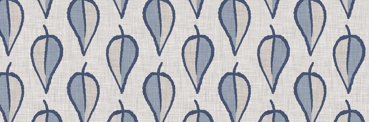 French blue botanical leaf linen seamless border with 2 tone country cottage style motif. Simple vintage rustic fabric textile effect. Primitive modern shabby chic kitchen cloth design.