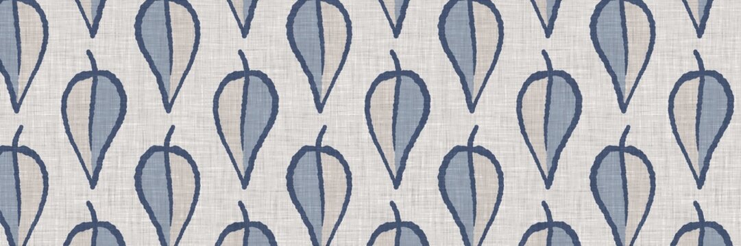 French blue botanical leaf linen seamless border with 2 tone country cottage style motif. Simple vintage rustic fabric textile effect. Primitive modern shabby chic kitchen cloth design.