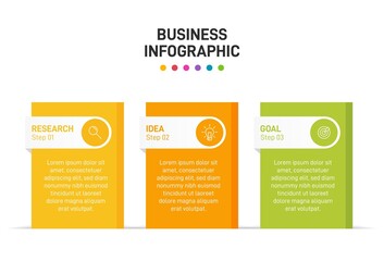 Concept of arrow business model with 3 successive steps. Three colorful graphic elements. Timeline design for brochure, presentation. Infographic design layout.