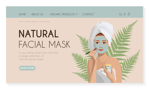 Modern web page template design for natural skin care cosmetics. Self-care concept. Woman wearing a towel applying a mask with a brush to her face. Stock vector illustration in flat style.