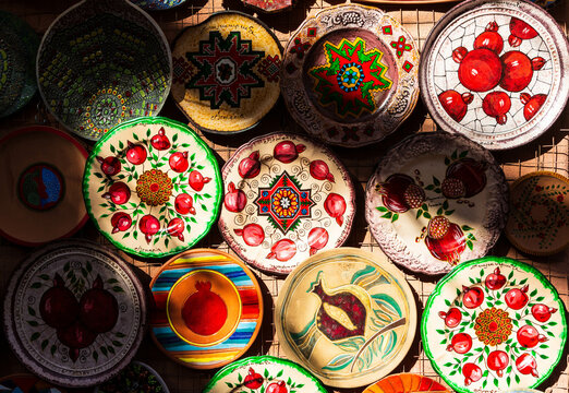Yerevan, Armenia - 12 April 2022: Traditional ceramic plates for sale in Yerevan