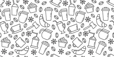 Coffee vector seamless pattern, line kitchen background, black and white coffee cute print. Cartoon outline food illustration