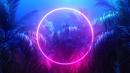 Fototapeta na wymiar Retrowave Tropical Scene Palms and Glowing Frame 3d render