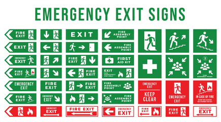 Set of emergency exit signs. Evacuation and relocation of people to safety. Vector illustration on a white background