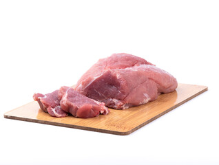 Raw meat pork cut two pieces on cutting board isolated on white background.