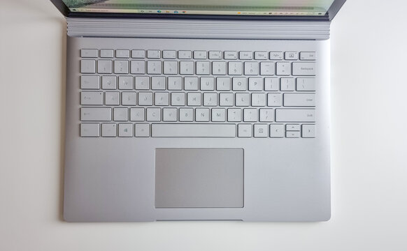Dubai, United Arab Emirates- April 2, 2022: Closeup of Microsoft Surface Book 3 keyboard on white background