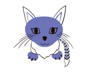 Cute funny kitten sitting and looking up, painted in Very Peri color. Kitten in lilac and black colors. Doodle style vector illustration isolated on white background