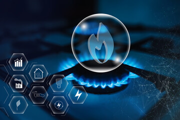 Using natural gas in Europe. Blue flame of burning natural gas from a gas stove and graph chart...