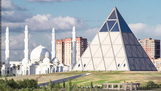 Cultural Center and Majestic mosque Hazret Sultan in Astana timelapse