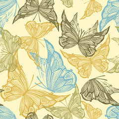 Seamless pattern with many flying butterflies