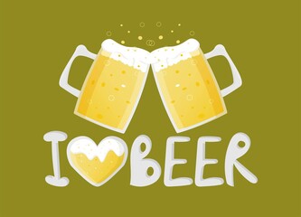 Oktoberfest banner with glass beer mug with light wheat beer. Foam and bubbles pour over the edge. The heart is filled with beer. Vector simple cartoon illustration for bar, pub, restaurant, festival.