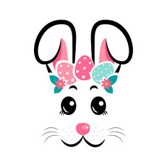 The face of the Easter bunny with a wreath of eggs on white isolated background