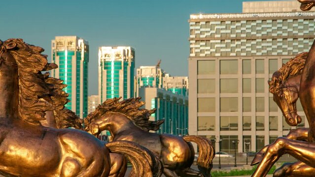 Beautiful sculptures of horses timelapse hyperlapse in front of Astana Opera Theater