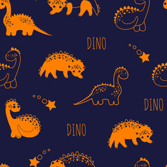 Little cute dinosaurs on a dark background. Seamless pattern in cartoon children style. Design for children s clothing, textiles, wallpapers, postcards.