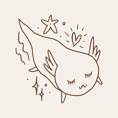 Cute boho baby girl magic cartoon salamander axolotl vector illustration. Funny ambystomidae.
