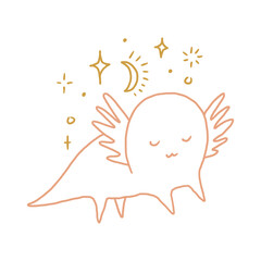 Cute boho baby girl magic cartoon salamander axolotl vector illustration. Funny ambystomidae.
