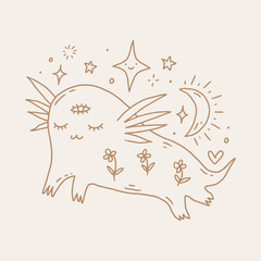 Cute boho baby girl magic cartoon salamander axolotl vector illustration. Funny ambystomidae.
