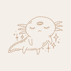 Cute boho baby girl magic cartoon salamander axolotl vector illustration. Funny ambystomidae.
